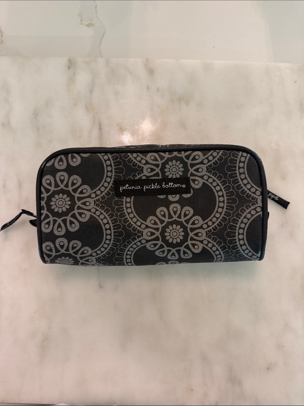 Petunia Pickle Bottom Black and Gray Floral Medallion Zip Pouch- Like New